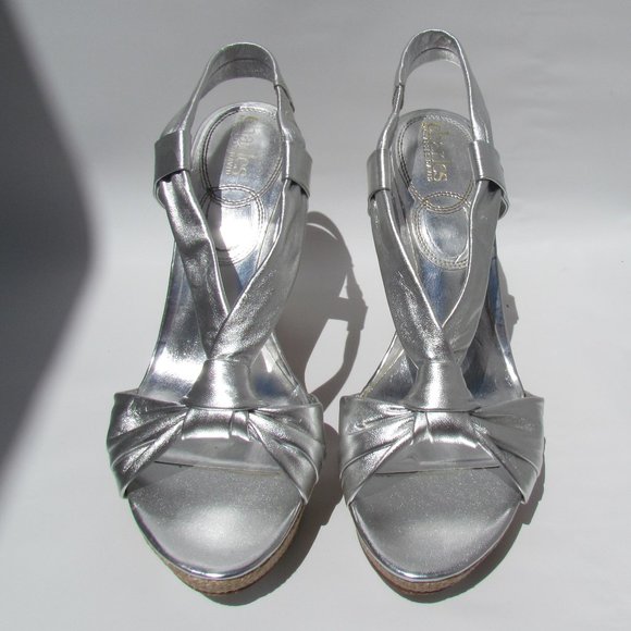 Charles David Notty SILVER SANDALS Platform Rattan Wedge Heel Slingback 9 M - Picture 3 of 8